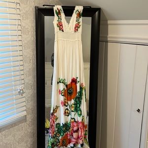 Desigual white and floral long flowy dress size 38 small 58 inches long